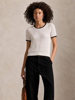 Classic Quiet Luxury Textured Knit Short Sleeve Sweater Cream Black 8